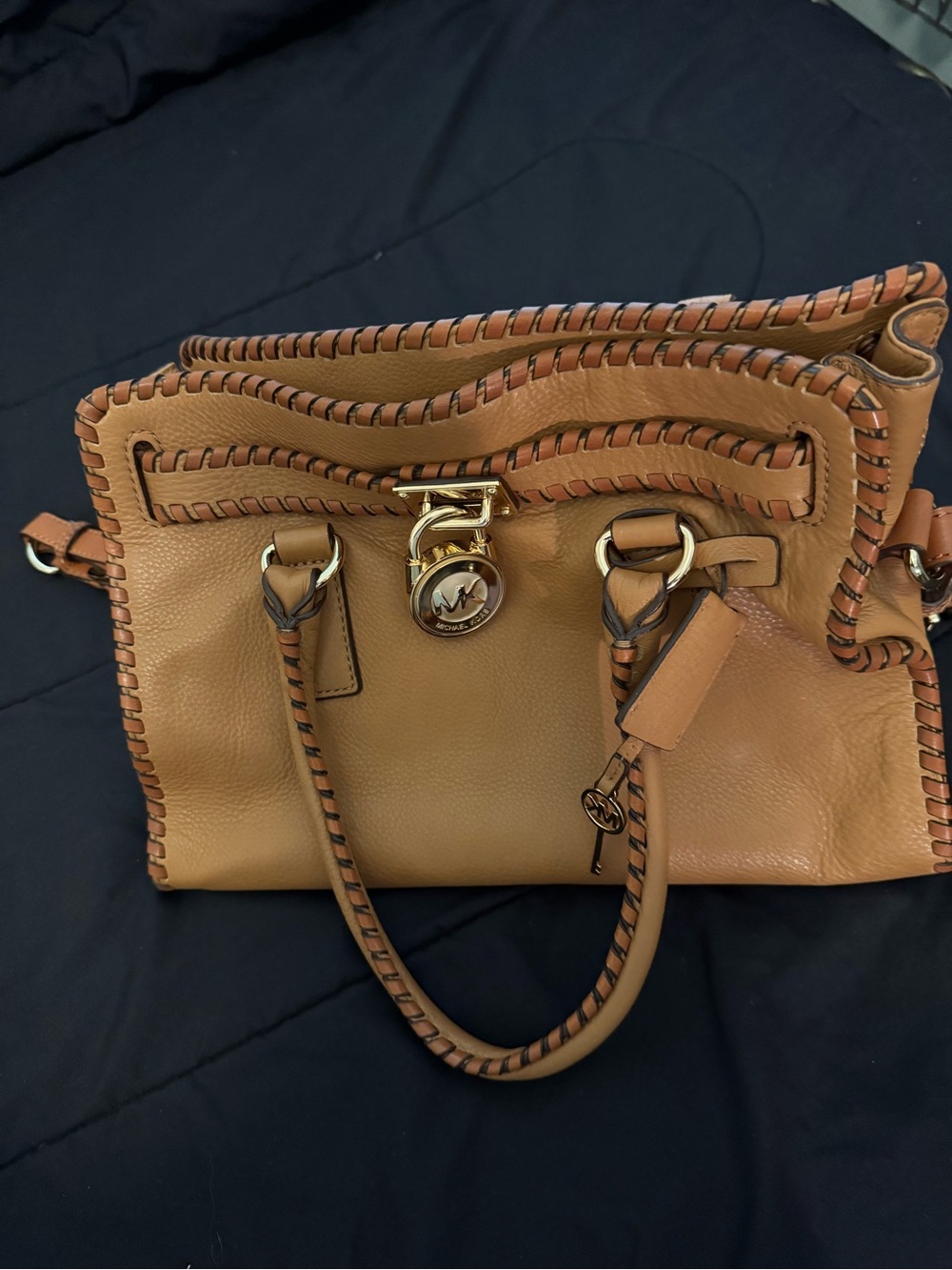 Michael Kors Tan Leather Satchel with Whipstitch Detailing and Gold Charm